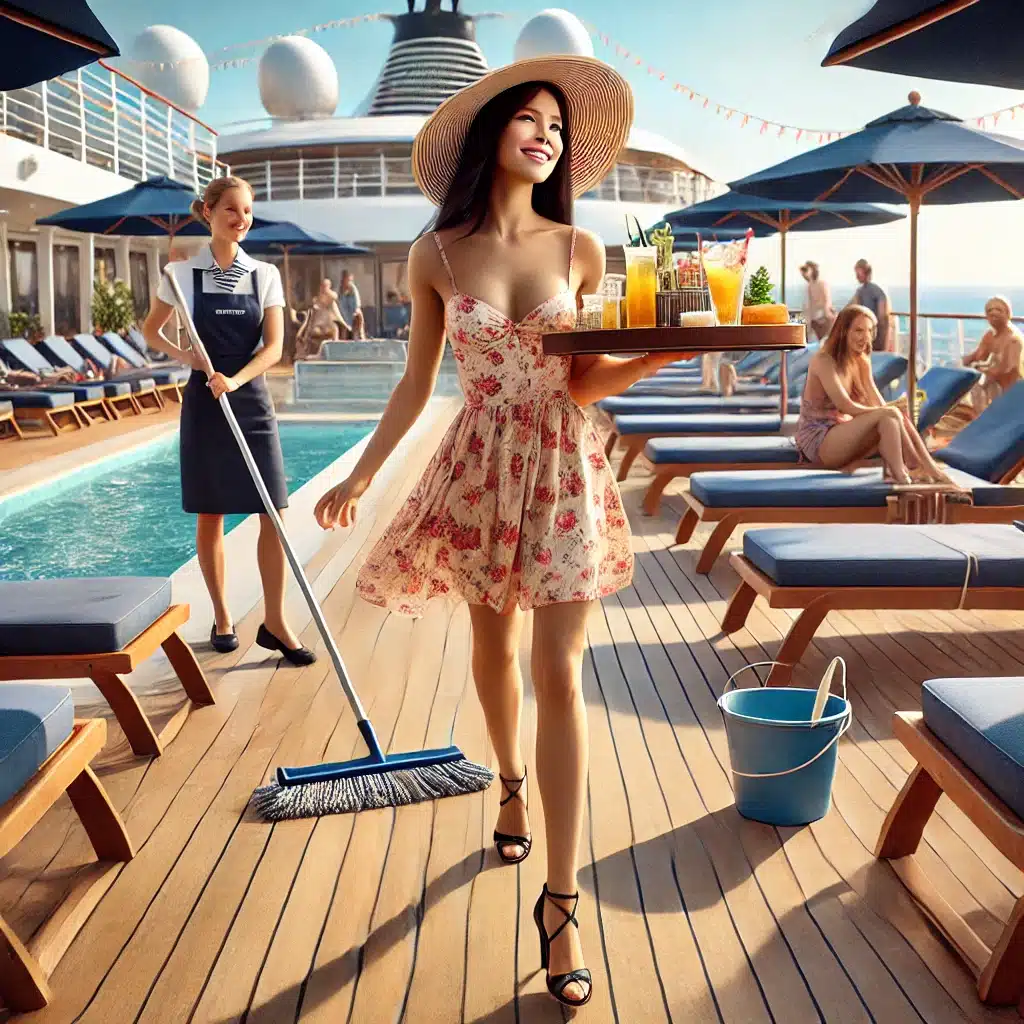 photorealistic image you requested of a guest on the lido deck of a cruise ship, carrying a tray of drinks and food with a crew member following behind her with a mop and bucket.