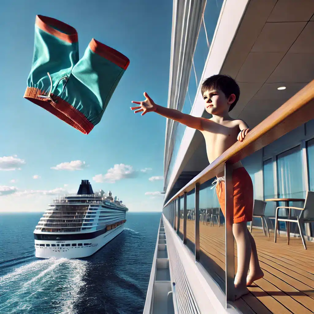 photorealistic image of a kid throwing some swimming shorts off the balcony of a cruise ship