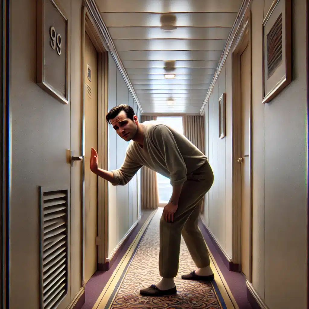 a man looking sorry and banging on the door of a cruise ship cabin