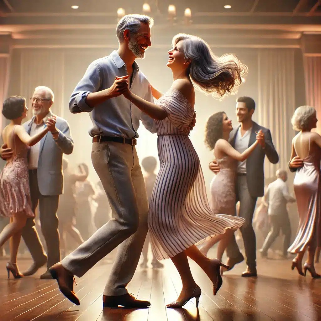  a man in his late 60s dancing with a woman in her 20s. Seperately, a woman in her late 60s dancing with a man in his 20s. Both couples on the same dance floor. The older woman is laughing.
