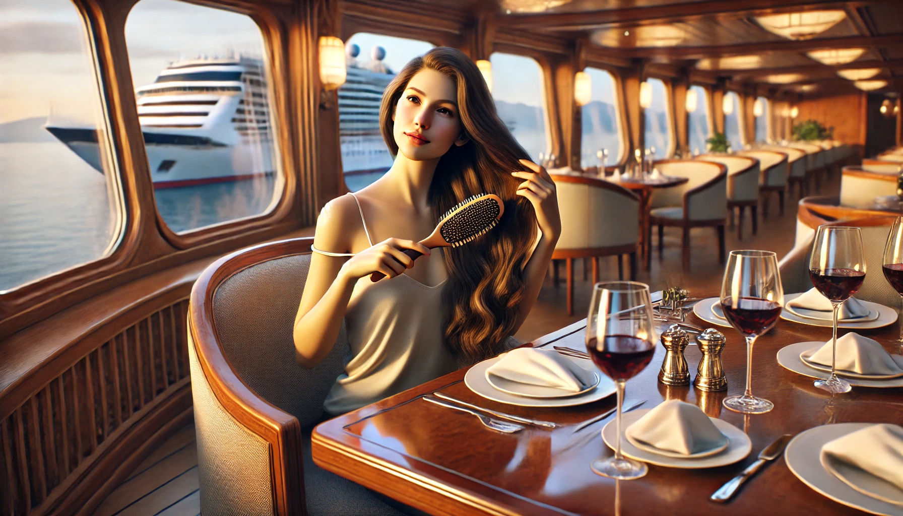 woman brushing her hair at the dinner table on a cruise ship