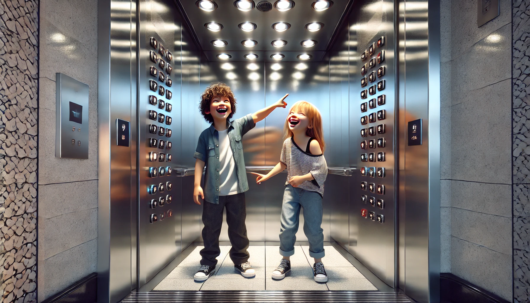 kids messing about in the lift on a cruise