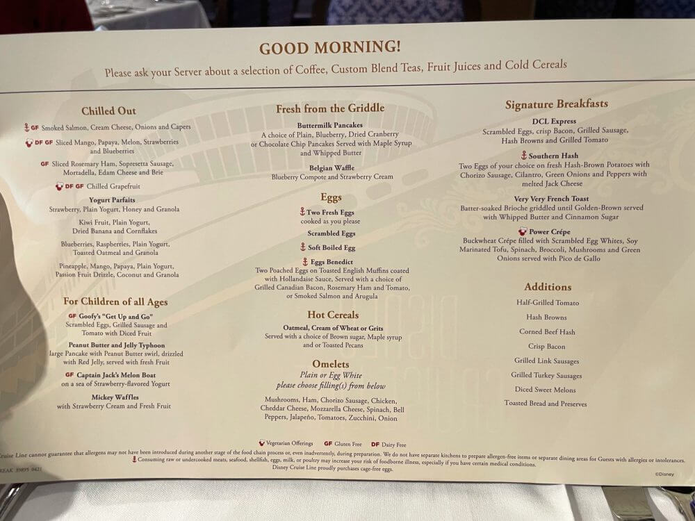 Disney Cruise Line breakfast menu