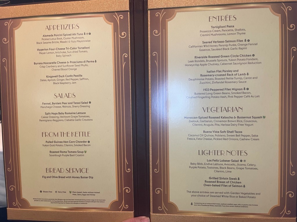 Disney cruise line example menu