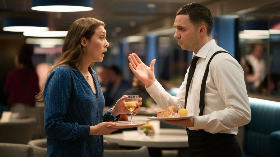 A woman holding a glass of white wine is having a heated discussion with a waiter in a cruise ship dining area. The waiter, carrying a plate of food, gestures emphatically as he responds. The background shows other diners and a modern, well-lit dining space.