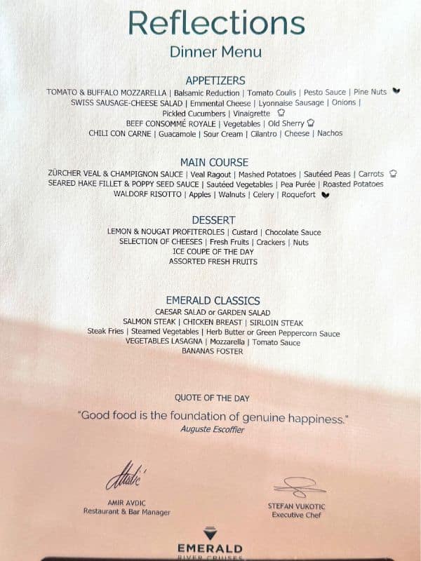 Emerald dinner menu