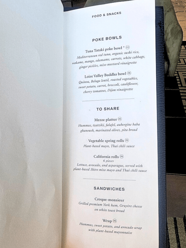 Explora Lounge snack menu