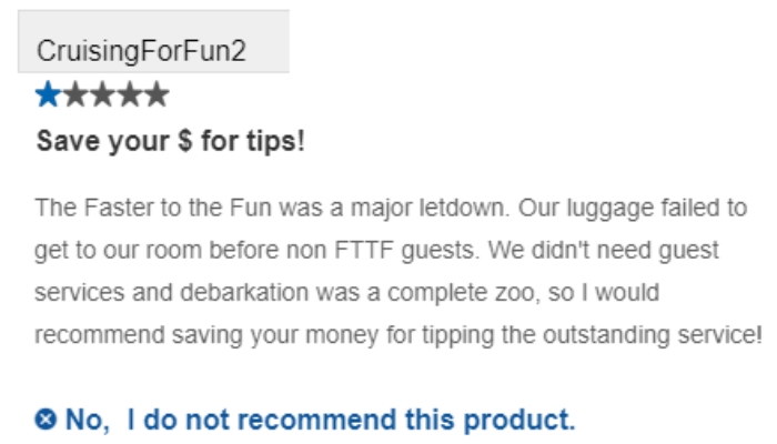 “Our luggage failed to get to our room before non FTTF guests.”