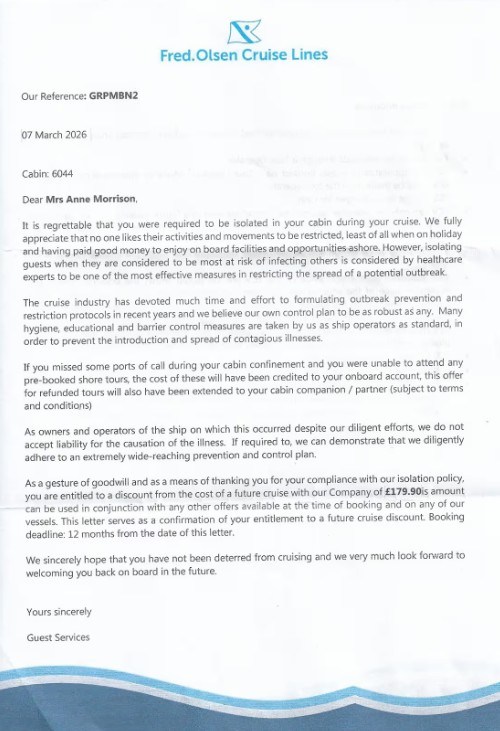 Fred Olsen isolation letter compensation