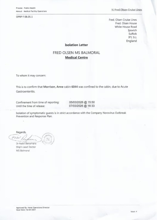 Fred Olsen isolation letter compensation