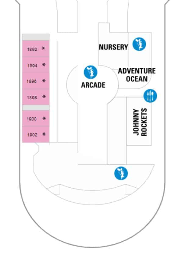 Deck plan for Royal Caribbean's Freedom of the Seas, showing family-friendly areas such as the Arcade, Adventure Ocean, Johnny Rockets, and the Nursery. The plan uses intuitive icons and color-coding to help guests easily locate these amenities.