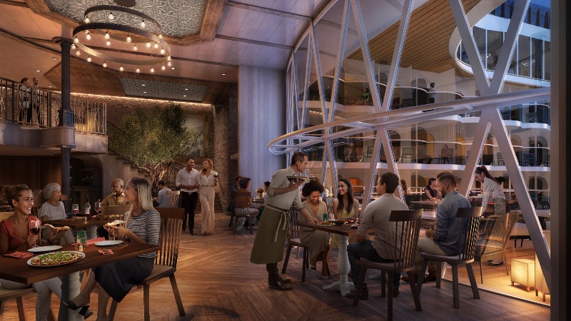 The two-storey Giovanni's Italian Kitchen will overlook the Boardwalk on Utopia of the Seas