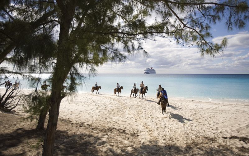 A group of riders on horseback enjoys a leisurely ride along the sun-drenched, sandy shore of Half Moon Cay. The tranquil turquoise sea stretches into the distance, where a cruise ship lies anchored off the coast, framed by the natural beauty of the island's lush pine trees.