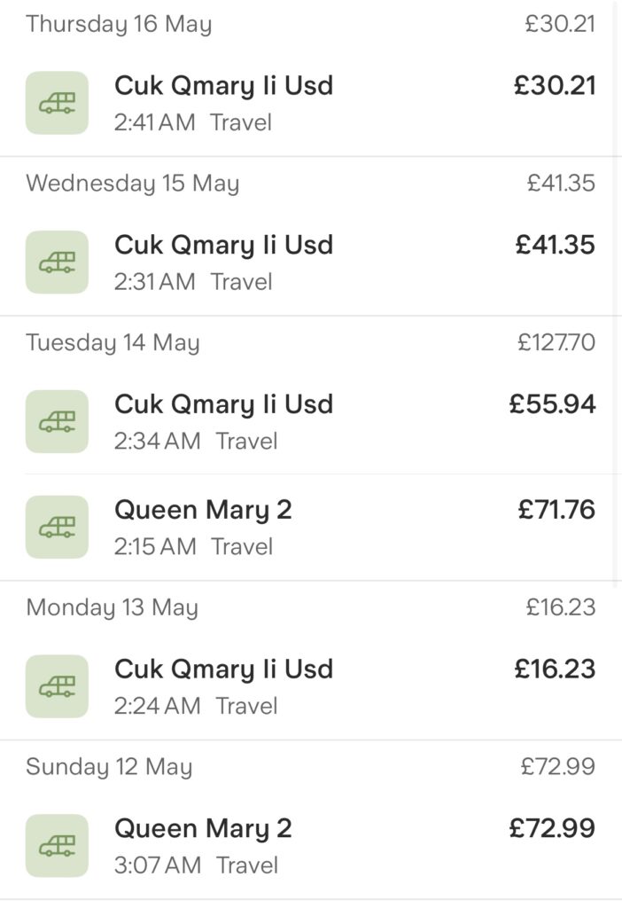 Bank statement showing transactions on Queen Mary 2