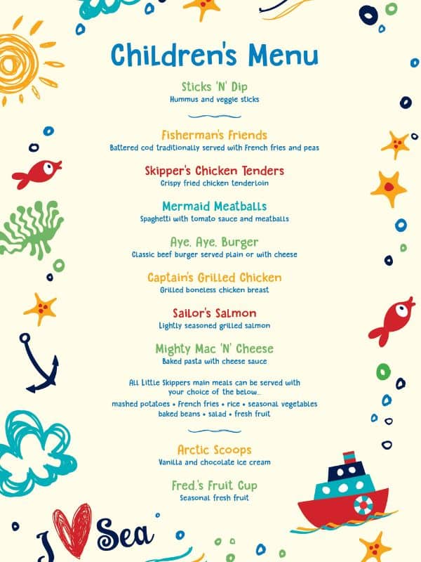 Kids Menu on Fred. Olsen Bolette The Main Dining Room