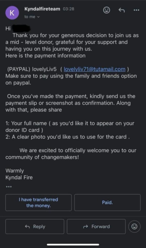 Kyndall Fire Scam Warning