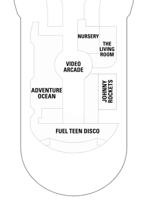 Deck plan of Royal Caribbean's Liberty of the Seas highlighting the youth and teen areas including Adventure Ocean, Video Arcade, Fuel Teen Disco, The Living Room, Nursery, and Johnny Rockets, providing a range of activities for younger guests.
