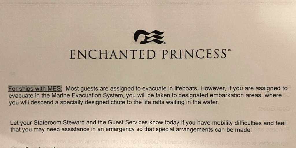 Enchanted Princess message regarding lifeboats