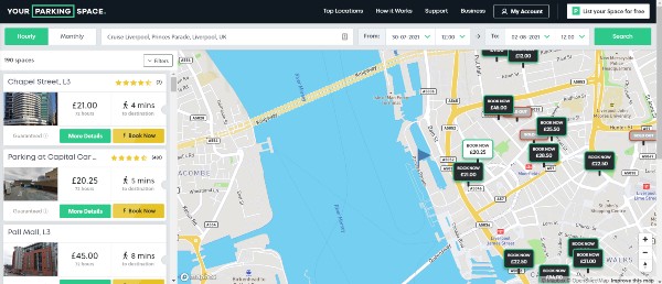 map of car parks in the Liverpool cruise ship dock and surrounding area