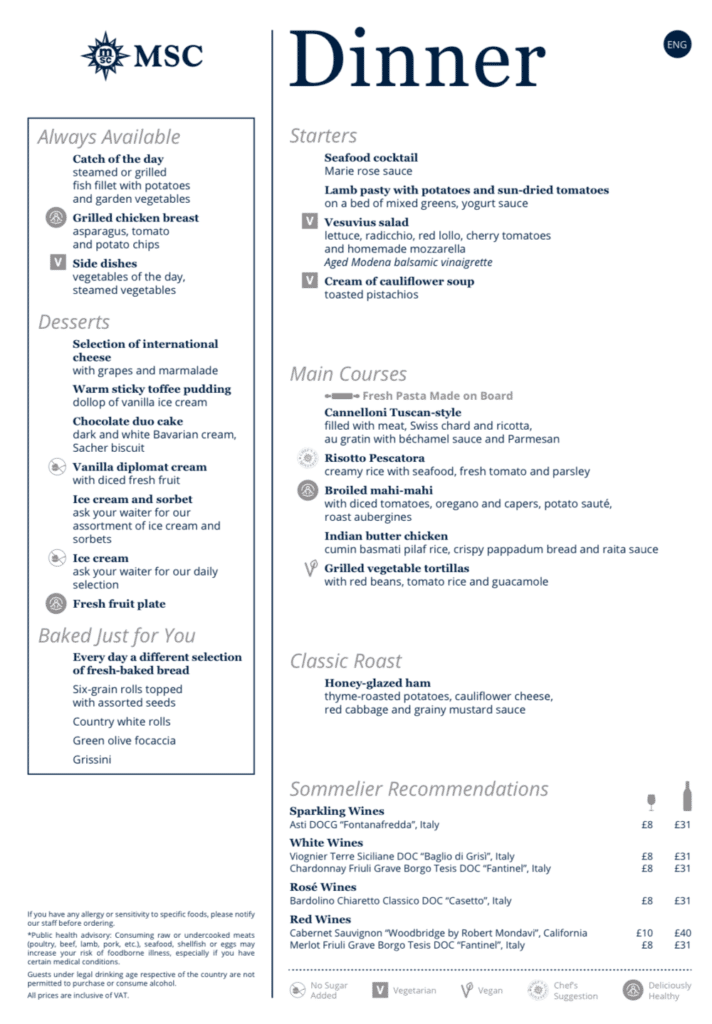 Example MSC Dinner Menu