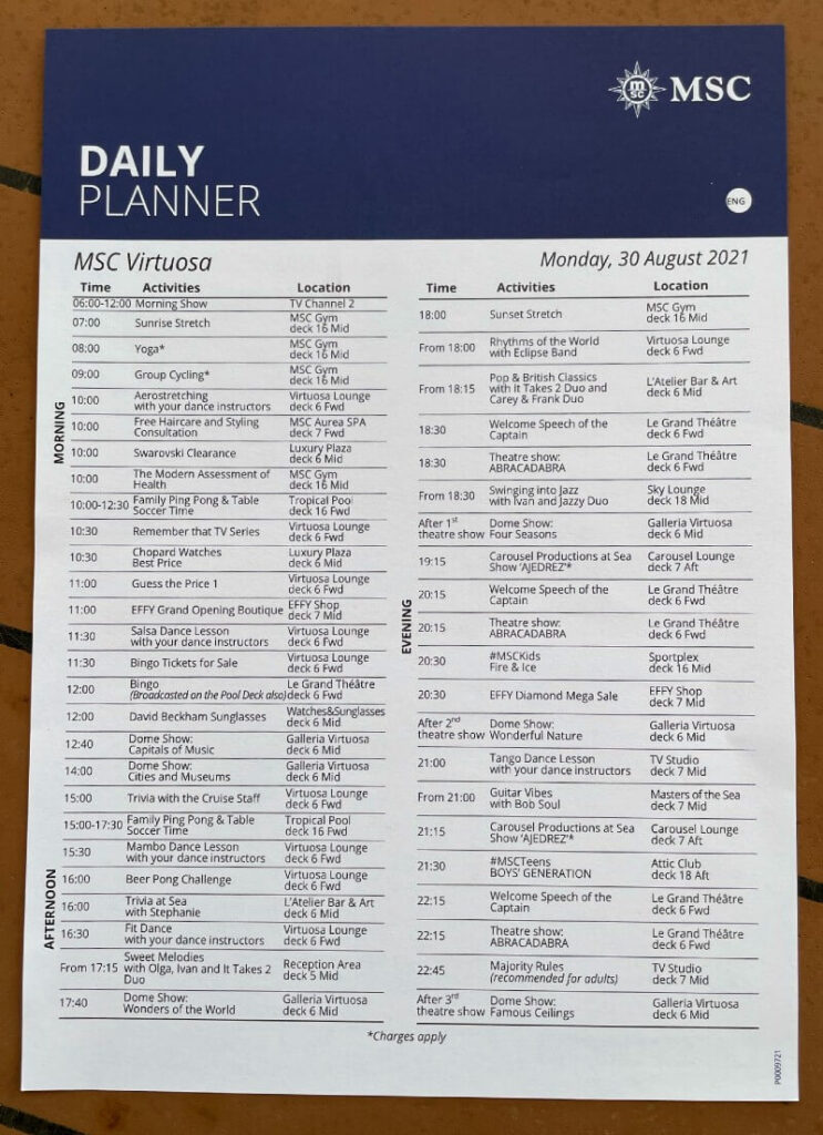 MSC Cruises daily planner