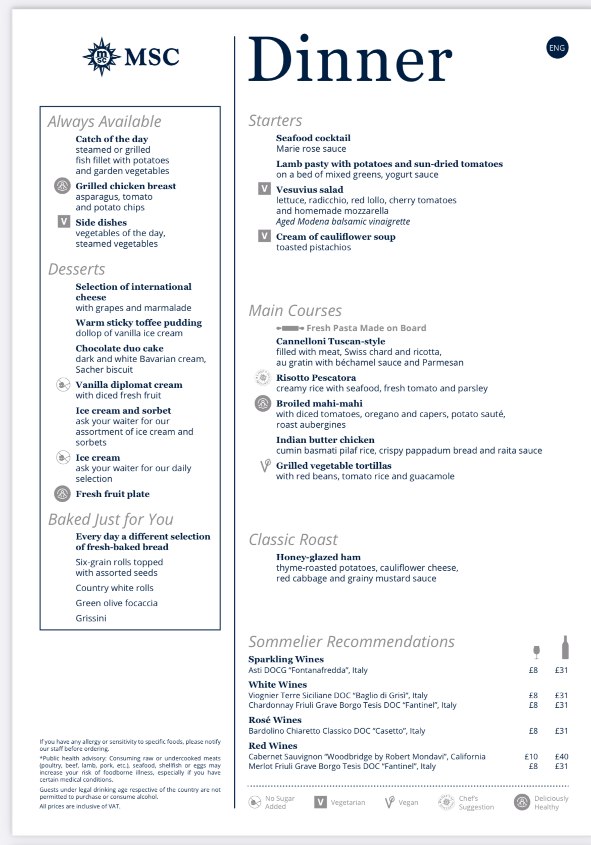 MSC Cruises main dining room dinner menu