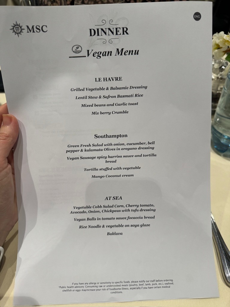  MSC Cruises vegan menu