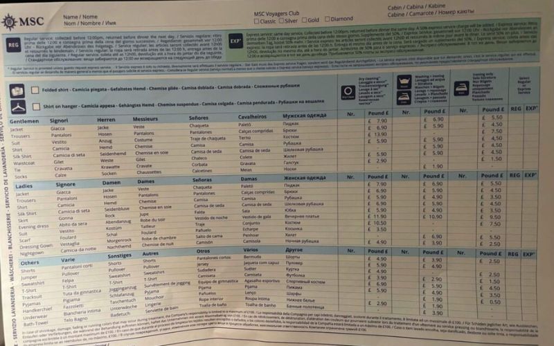 This image is a pricing list for laundry services on an MSC cruise. It details the costs in pounds and euros for various types of clothing items for both gentlemen and ladies, such as shirts, trousers, dresses, and skirts, along with the cost for other items like pillowcases and blankets. The list is presented in multiple languages, including English, German, French, Spanish, Italian, and Russian.