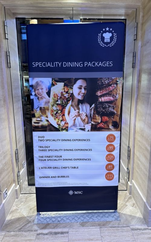 A promotional banner for MSC Cruises advertises "Speciality Dining Packages" with options including Duo (two speciality dining experiences for €75), Trilogy (three speciality dining experiences for €95), The Finest Four (four speciality dining experiences for €125), L'Atelier Grill Chef's Table (€85), and Dinner and Bubbles (€115). The banner features images of gourmet food and happy diners.