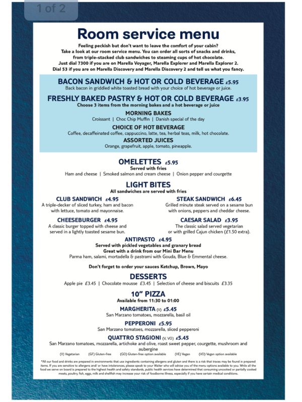 Marella Room Service Menu