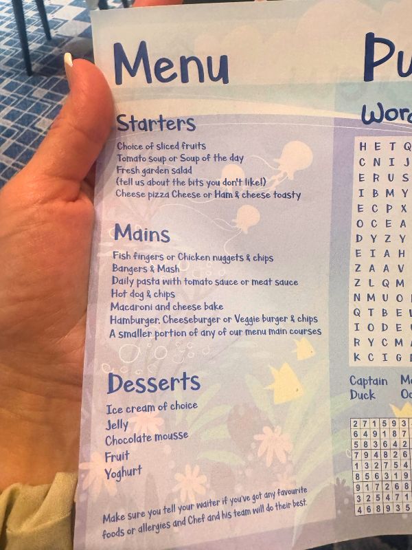 Marella Cruises kids menu