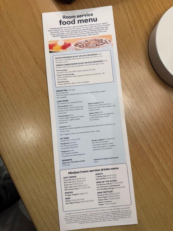 Marella room service menu