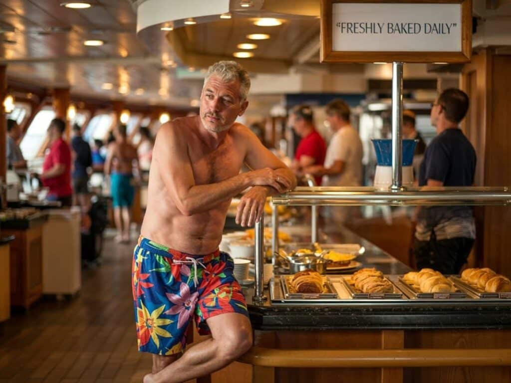 Middle aged man on a cruise in swimwear in the buffet