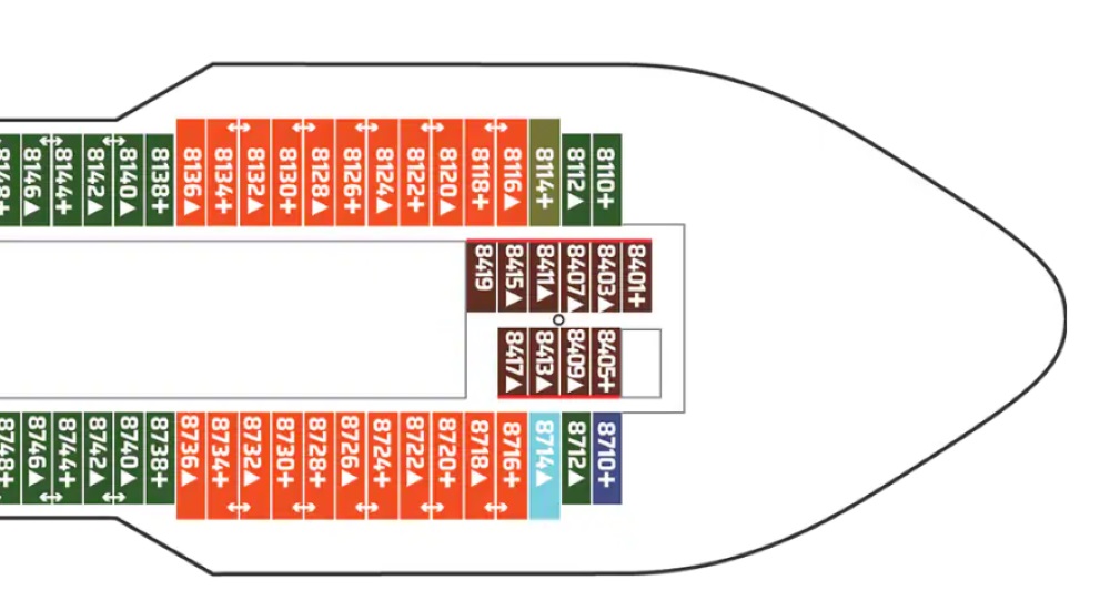 Close-up of the Norwegian Cruise Line ship deck plan, illustrating the layout with cabin numbers in green, orange, and red color coding, indicating different cabin categories within the ship's structure.