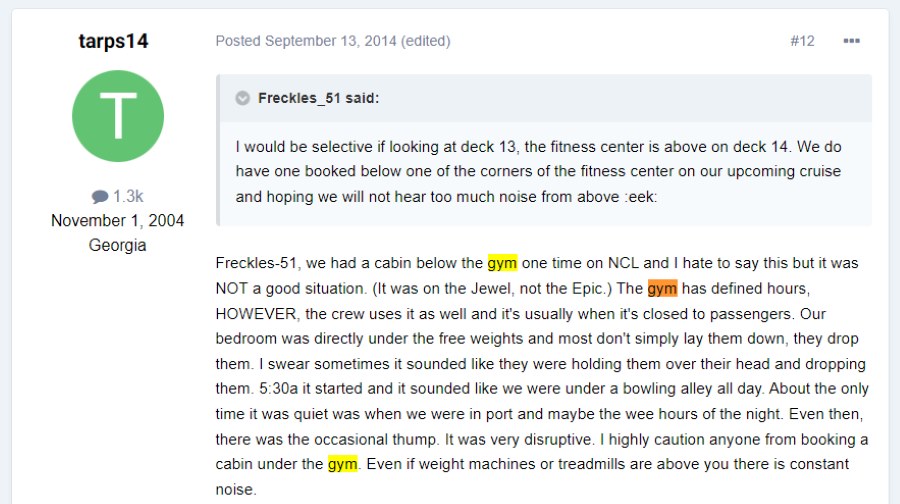 “Our bedroom was directly under the free weights and most don't simply lay them down, they drop them. I swear sometimes it sounded like they were holding them over their head and dropping them.”