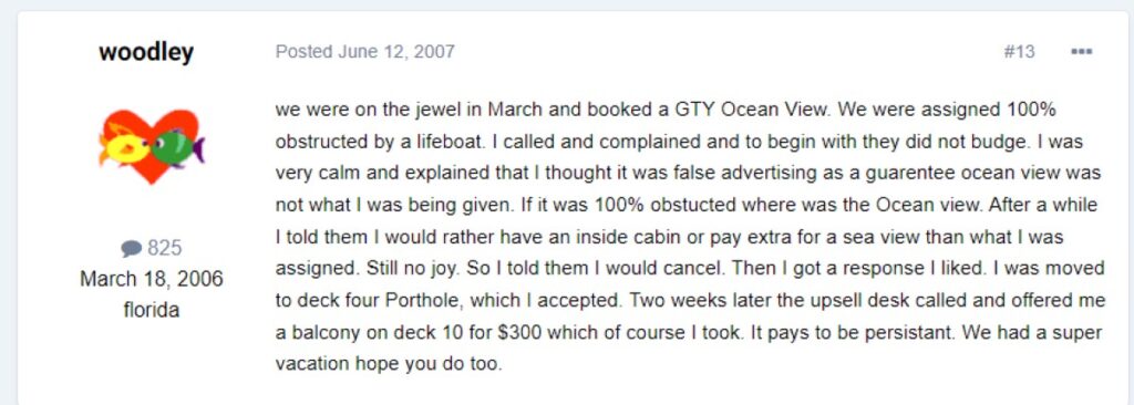 “I was very calm and explained that I thought it was false advertising as a guarantee ocean view was not what I was being given.”