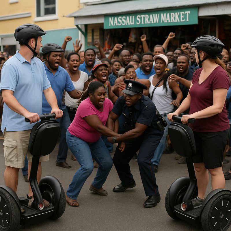  Segway excursion in Nassau , our tour guide was arrested in the middle of the tour followed by a riot then breaking out near the straw market after a vendor punched the police officer arresting her. 