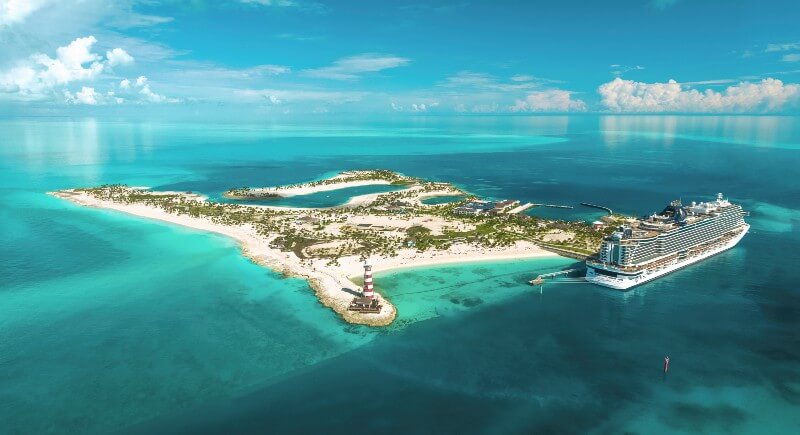 Ocean Cay - A beautiful island in the middle of the ocean with a huge MSC cruise ship docked beside it