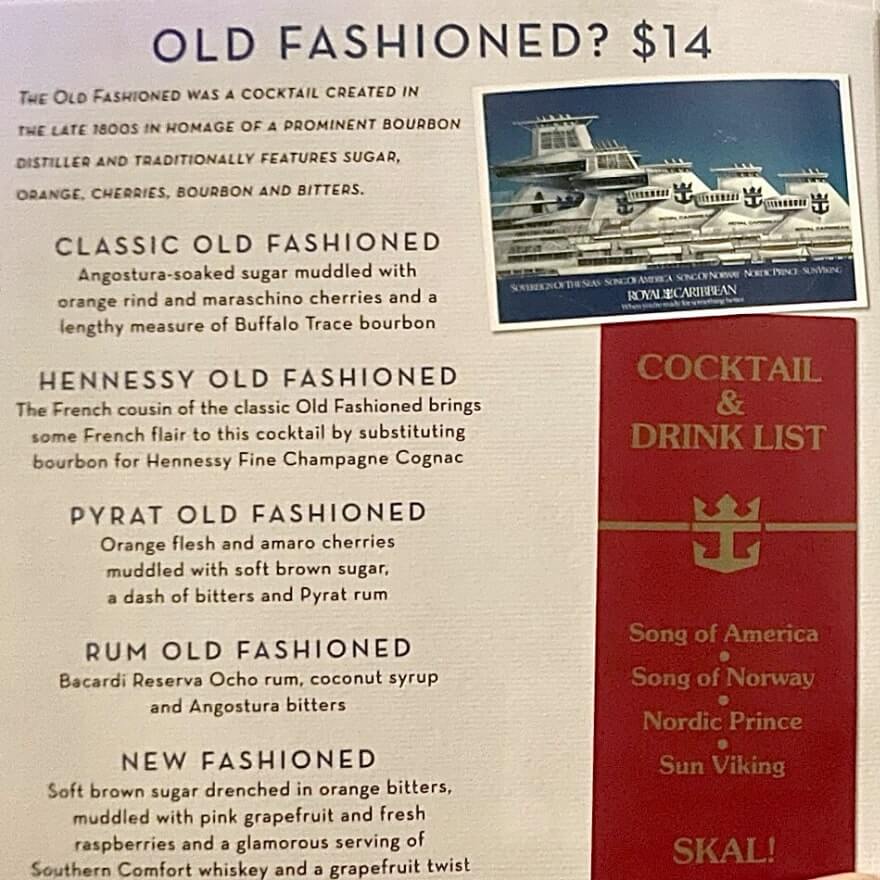 Royal Caribbean cocktail menu