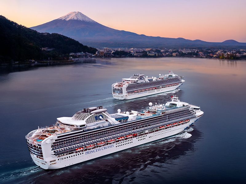 Princess Cruises ships sailing near Mount Fuji in Japan