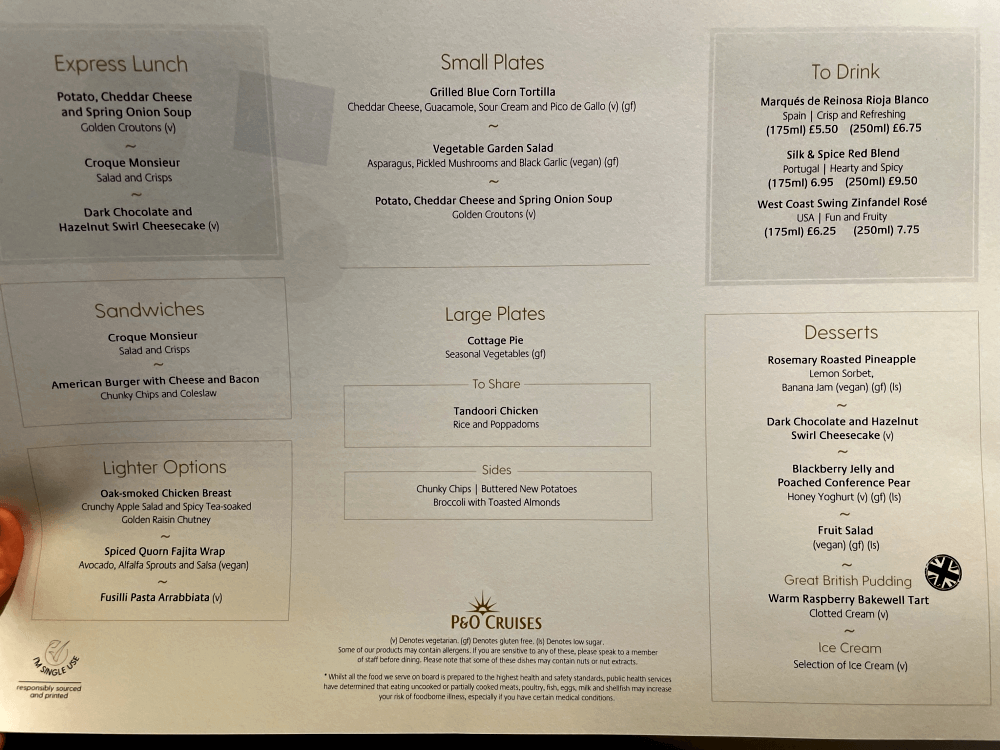 Express lunch menu on P&O