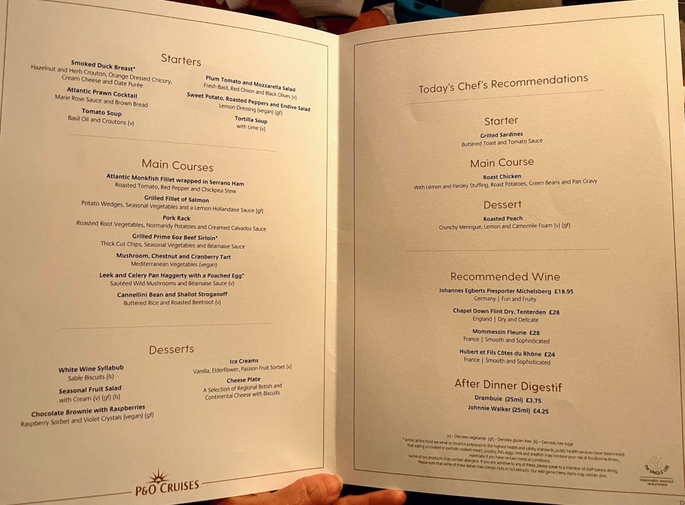 P&O Cruises example main dining room menu