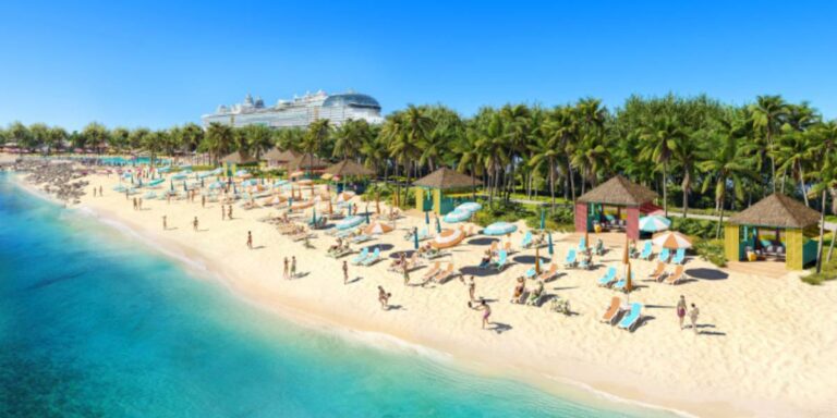 An image depicting what the new Royal Carribean beach club will look like, with a cruise ship in the background.
