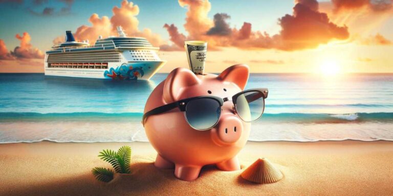 A ceramic piggy bank with sunglasses sits on a sandy beach, with a single dollar bill inserted in its slot. In the background, a large cruise ship is visible on the ocean under a sunset sky with scattered clouds.