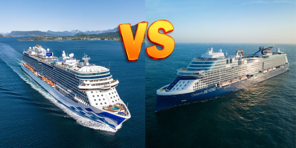 A comparison of two cruise ships with 'VS' between them, highlighting the contrast: on the left, a Princess Cruises ship sails near a coast, and on the right, the 'Celebrity BEYOND' ship cruises on the open sea.