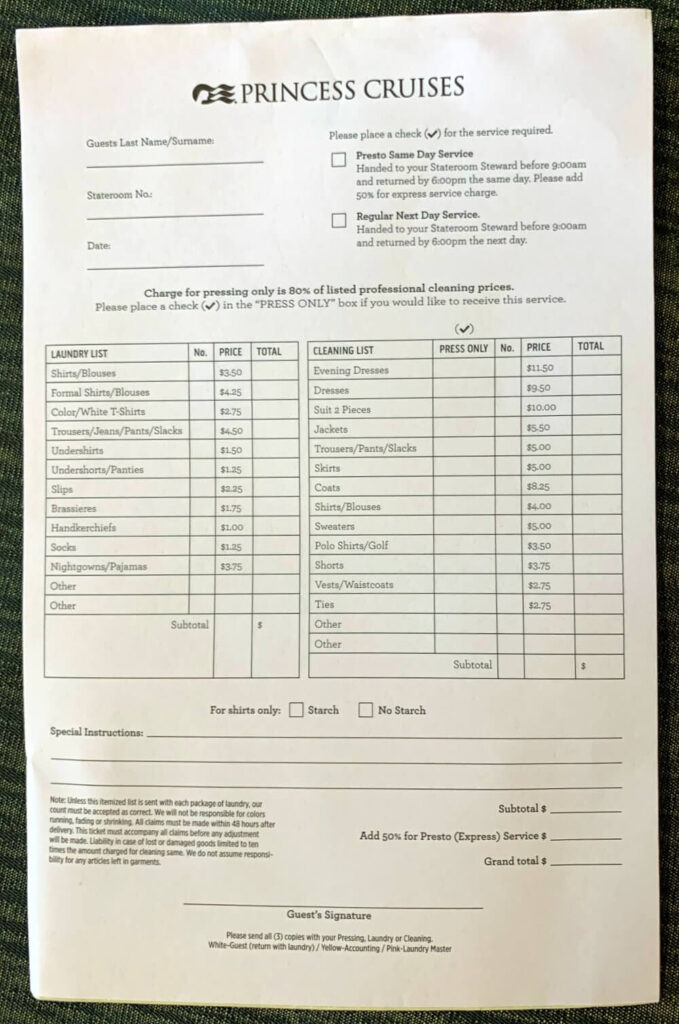 Princess Cruises laundry price list