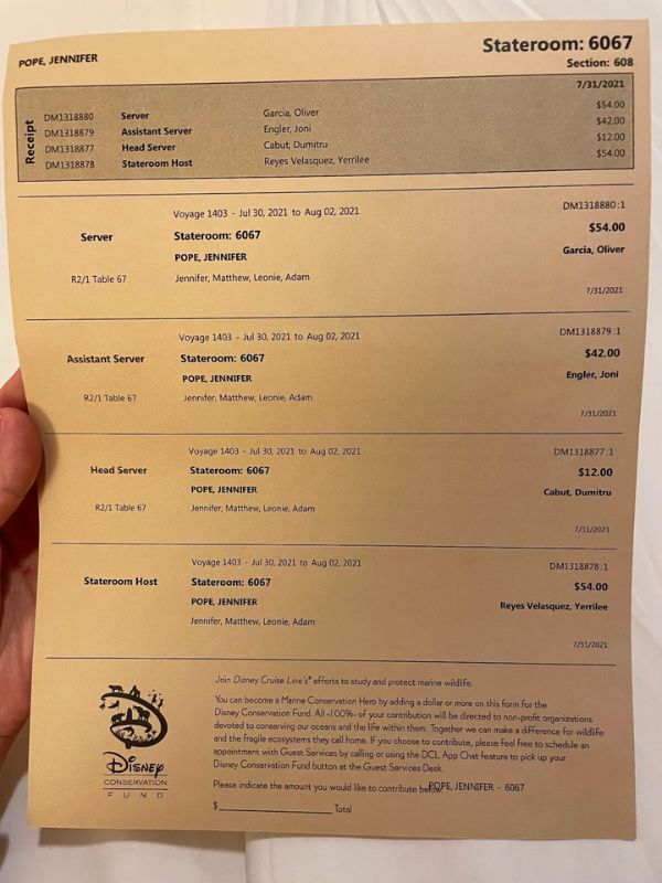 A detailed receipt from a Disney cruise, indicating various charges for services rendered to a guest named Jennifer Pope in stateroom 6067 during a voyage from July 30, 2021, to August 2, 2021. The receipt lists individual charges for different staff members, including a server, assistant server, head server, and stateroom host, with each service categorized by its own charge and identifier. The total amounts for each service role are specified alongside the respective staff names. Additionally, the document features a section for the Disney Conservation Fund, encouraging guests to contribute to efforts for studying and protecting marine wildlife, which highlights Disney's commitment to environmental conservation. The receipt is a comprehensive summary of the guest's service interactions and expenses during their stay, providing clarity and transparency in billing.