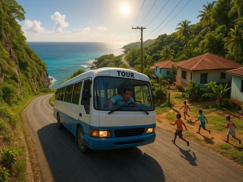 We booked an excursion in Roatan (coxen hole dock). Our bus went up a steep winding hill, not far from port. On the left side was cliff and ocean, on the right, houses with kids in the yards. At the top of the hill there was a stop sign and the bus stalled (standard). The driver couldn't get it started and then we start rolling backward down the hill. The driver was trying to steer the bus as it rolled down the hill picking up speed. I thought for sure we were going to hit one of the kids, of go over the cliff.