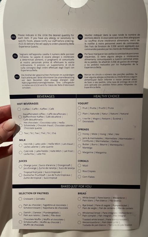 A breakfast menu card from MSC Cruises allows guests to indicate their desired quantity for each item.