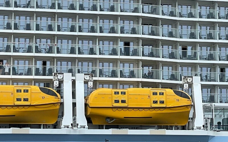 Lifeboats blocking the view on a cruise ship